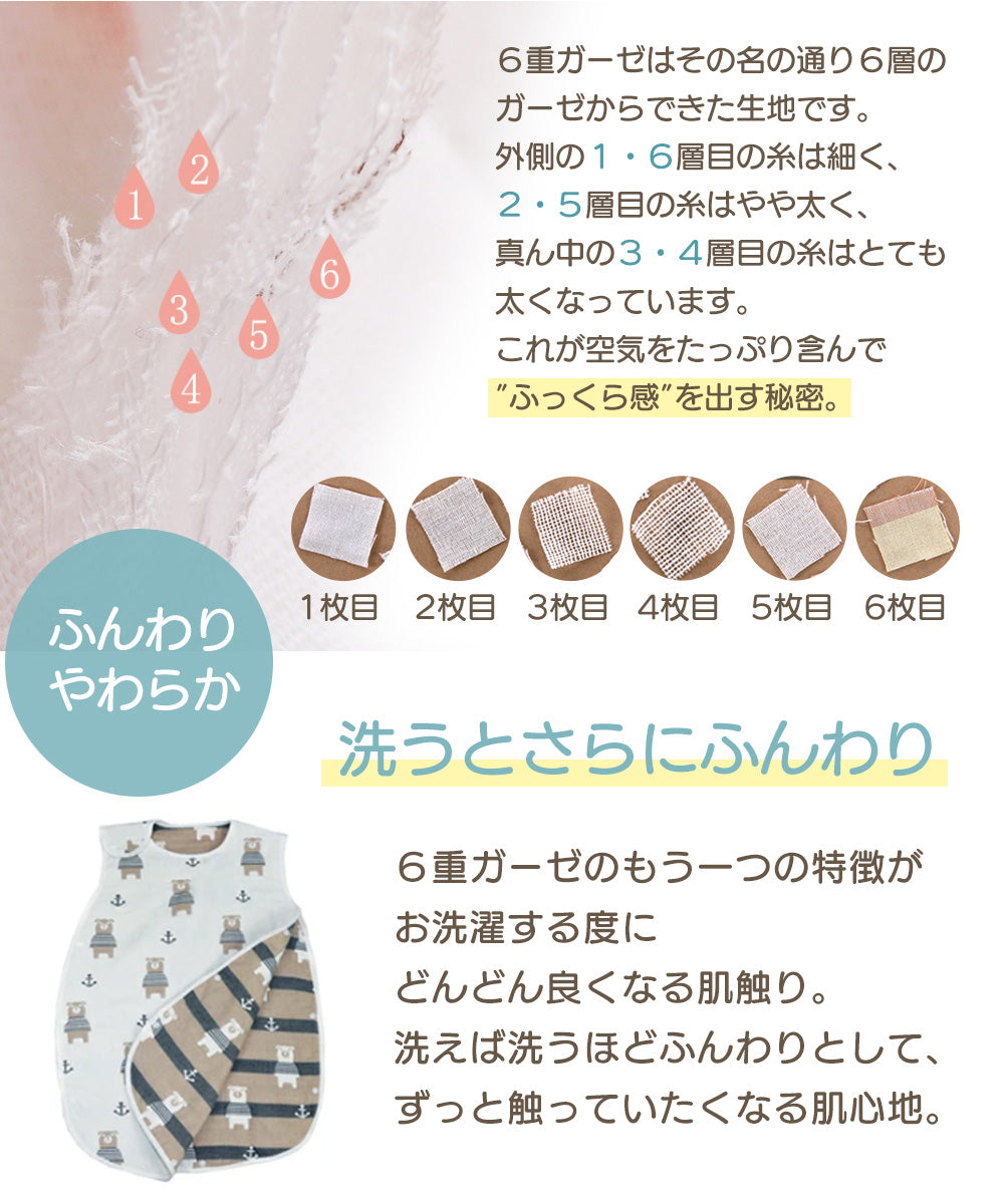 BRILBE スリーパー キッズ ガーゼ 6重 通年用 有機コットン 保温性 通気性抜群 柔らかく お昼寝 ベビー おくるみ ガーゼ 赤ちゃん キッズ 子供 新生児 出産祝い